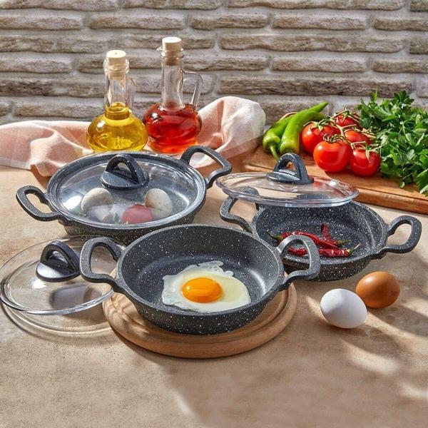 Eda Asya 3'lü Cam Kapaklı Granit Döküm Sahan Seti  Gri  - Image 1