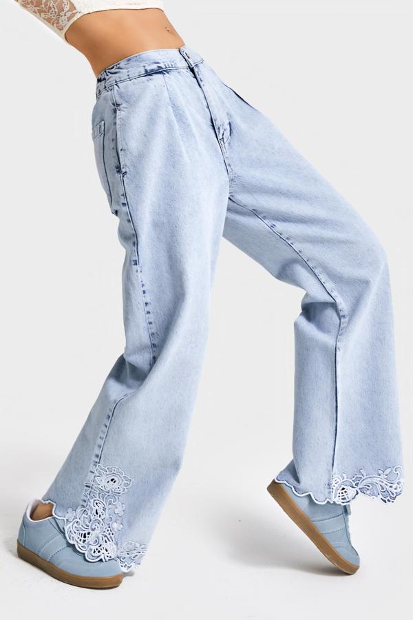 Kadın Snow Kot Rengi 3s5-3 Crop Flare Fit Paça Dantelli %100 Koton Tsarım Denim Jean - Image 1