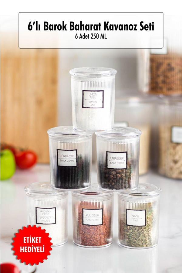 6lı Barok Yuvarlak Baharat Kavanoz Seti & Saklama Kabı & Erzak Kabı (6*250 ML) - Image 1