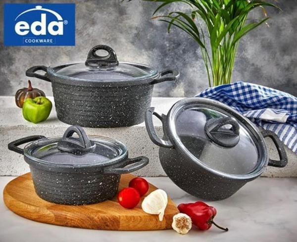 Eda ZK-906 Asya 3'lü Granit Derin Tencere Seti Cam Kapaklı Döküm Gri  - Image 1