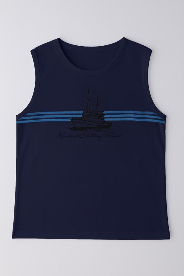Erkek Gemi Baskılı %100 Pamuk Kolsuz T-shirt - Image 1