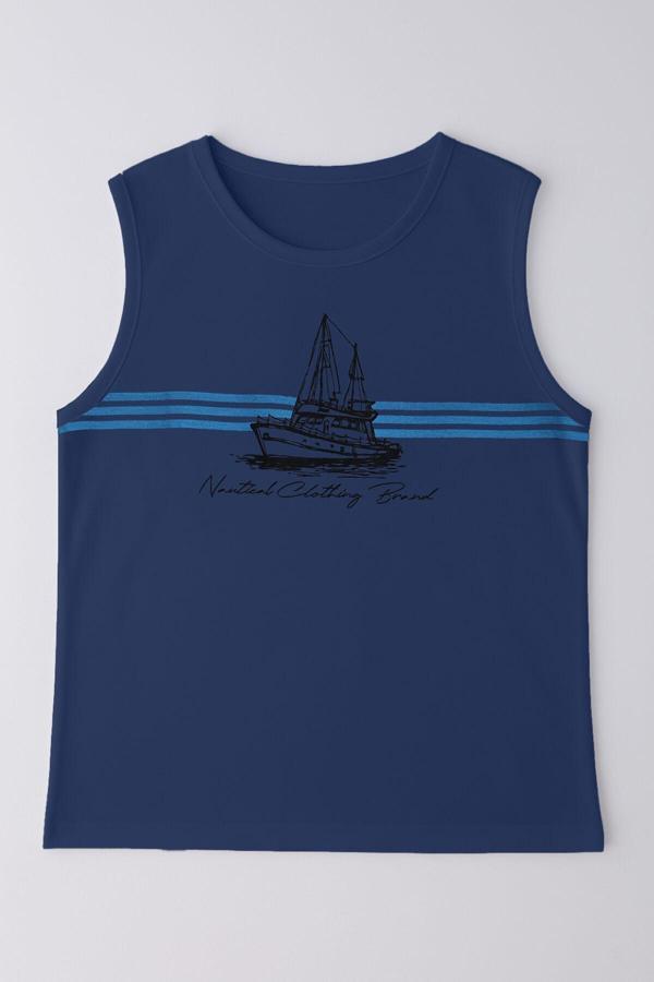 Erkek Gemi Baskılı %100 Pamuk Kolsuz T-shirt - Image 1
