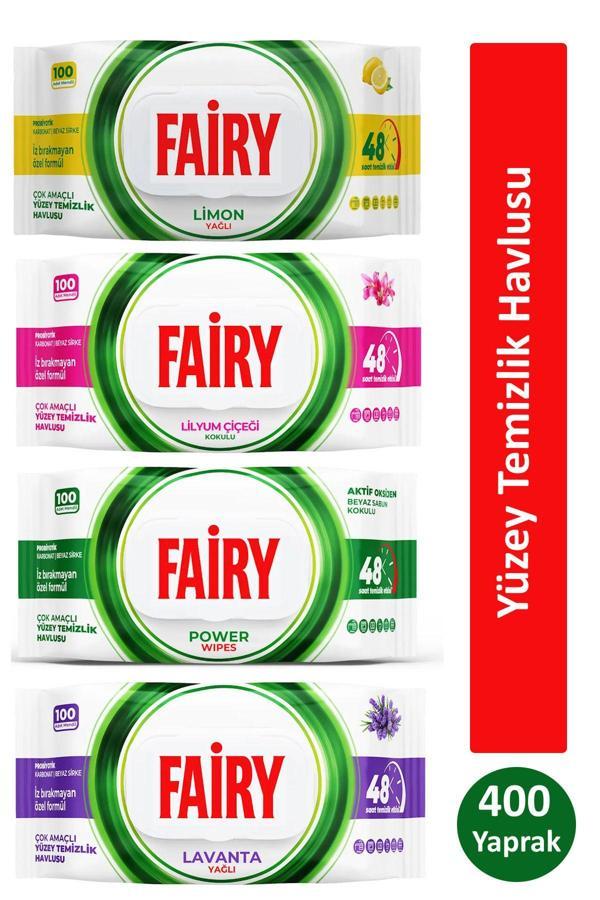 Fairy Çok Amaçlı Yüzey Temizlik Havlusu 100 Yaprak x 4 Adet (Lavanta, Power Wipes, Limon, Lilyum Çiçeği) - Image 1