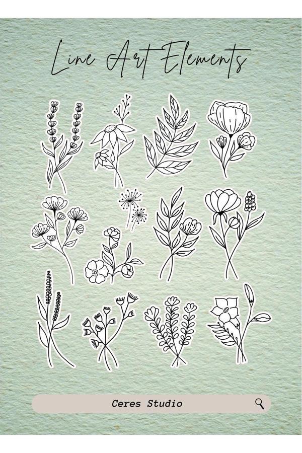 Lineart Elements Flower Çiçek Tema Sticker Etiket 2 Sayfa 35 Adet Etiket - Image 1
