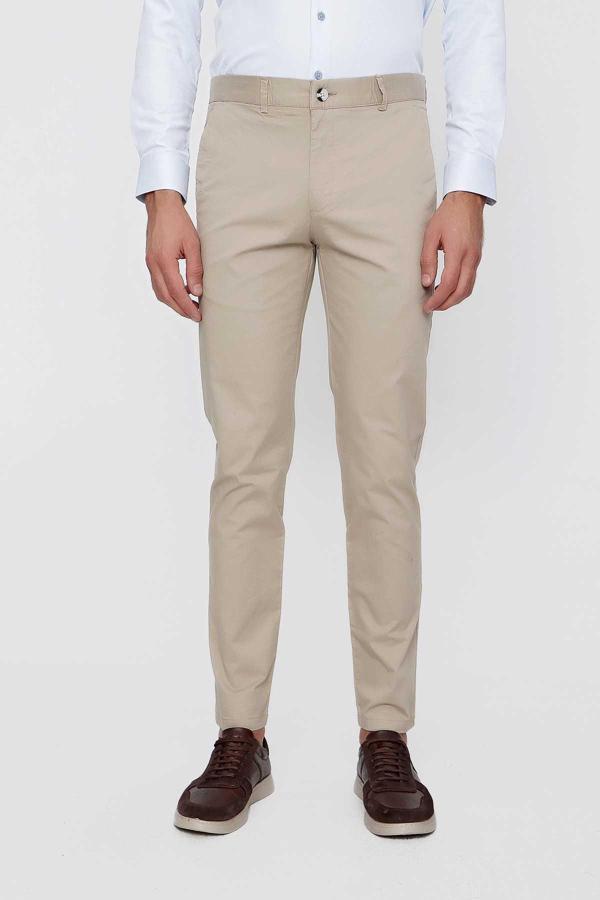  Erkek Bej Summer Armür Pamuk Yan Cep Slim Fit Dar Kesim Pantolon - Image 1