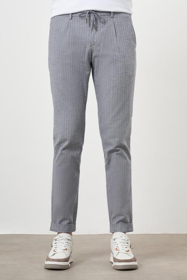  Erkek Lacivert Pamuk Keten Trend İpli Jogger Slim Fit Spor Pantolon - Image 1