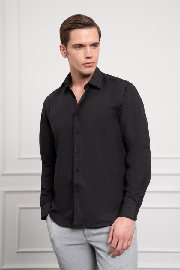  Erkek Siyah Slim Fit Dar Kesim Sert Spor Yaka Gömlek - Image 1