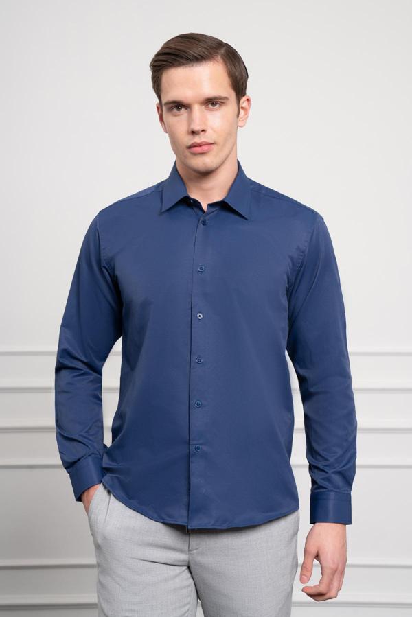  Erkek Lacivert Slim Fit Dar Kesim Sert Spor Yaka Gömlek - Image 1