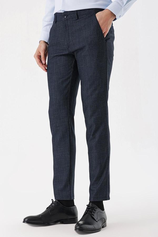  Erkek Lacivert Poliviskon Desenli Slim Fit  Pantolon - Image 1