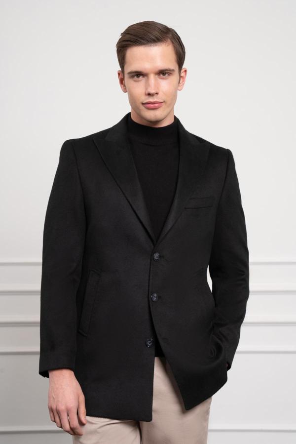  Erkek Siyah Düz Sivri Yaka Dynamic Fit Kaban - Image 1