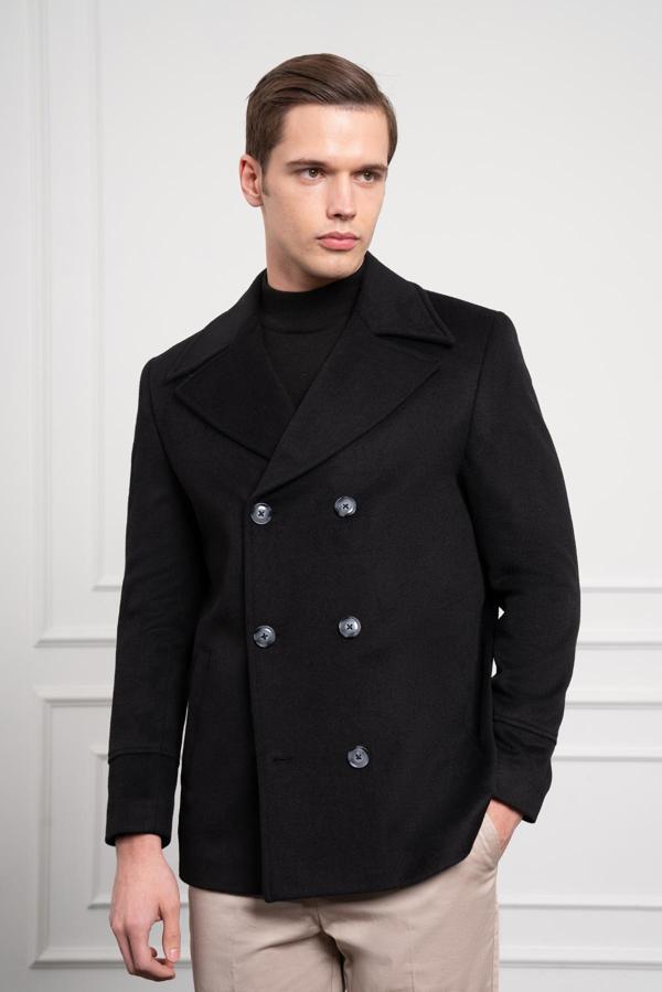  Erkek Siyah Yünlü Kruvaze Dynamic Fit Sivri Yaka Kaban - Image 1