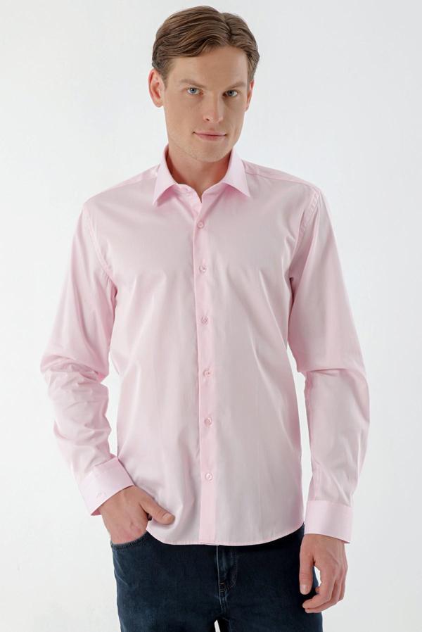  Erkek Pembe Pamuk Saten Düz Desen Slim Fit Gömlek - Image 1