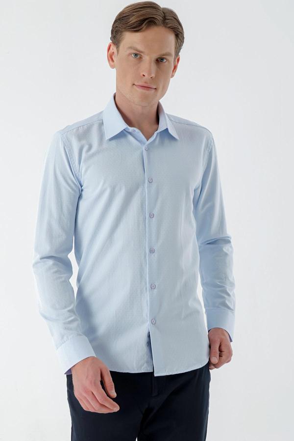  Erkek A. MAVİ Dobby Armür İhracat Slim Fit Gömlek - Image 1