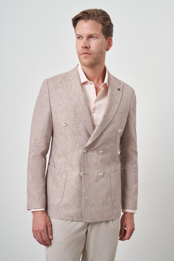  Erkek Kiremit Keten Kruvaze Desenli Slim Fit Sivri Yaka Ceket - Image 1