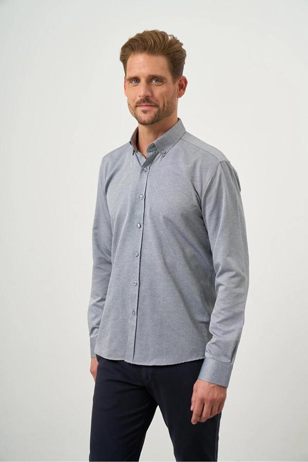  Erkek Gri Slim Fit Düğmeli Yaka Gömlek - Image 1
