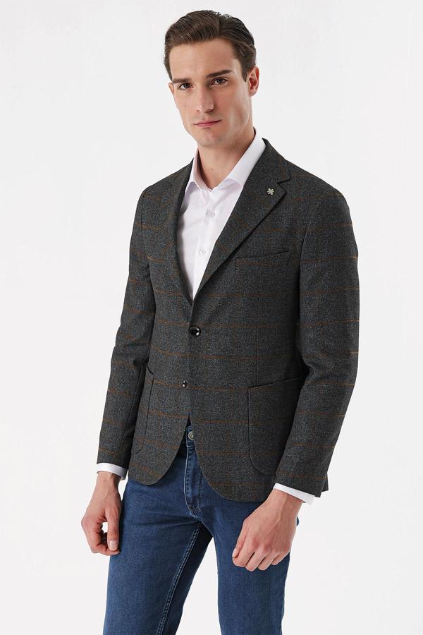  Erkek Füme Ekoseli Dokuma Slim Fit Dar Kesim Torba Cep Ceket - Image 1