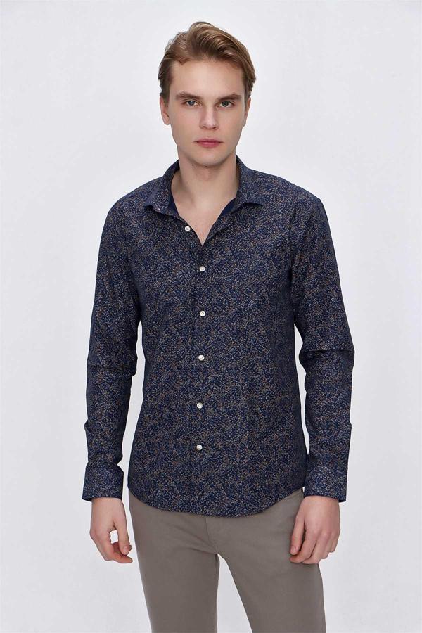  Erkek Lacivert Microcotton Baskılı Slim Fit Gömlek - Image 1