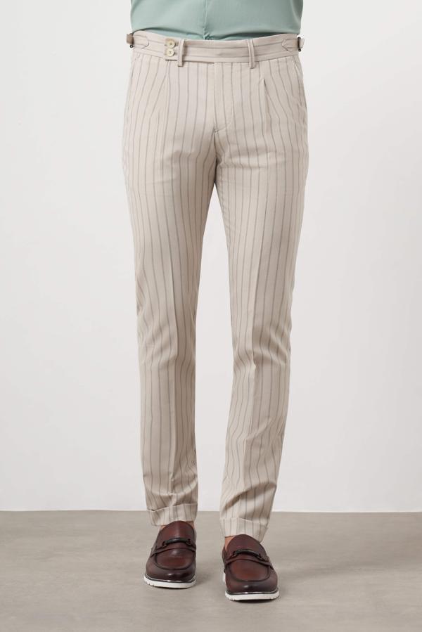  Erkek Bej Poliviskon Trend Pileli Slim Fit Spor Pantolon - Image 1
