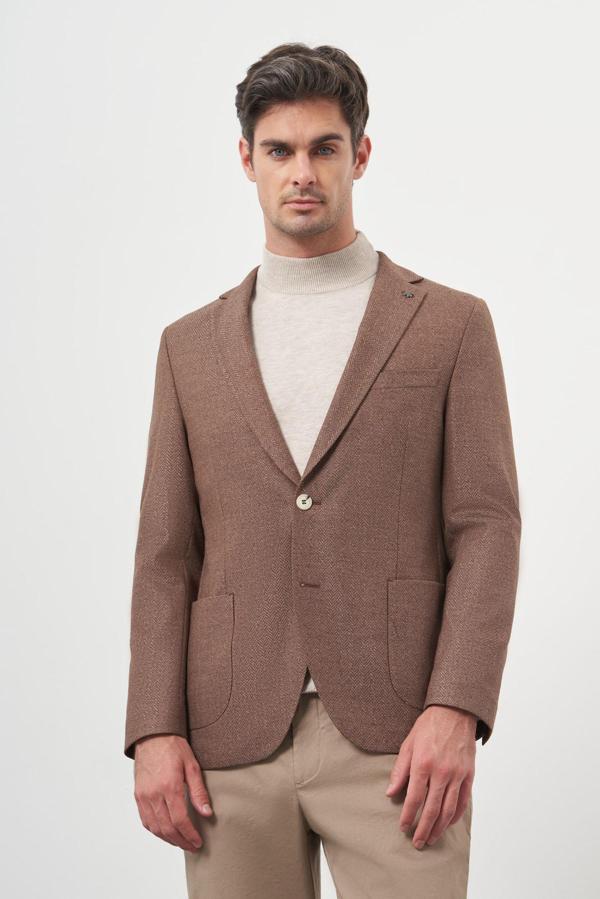  Erkek KAHVE Dokuma Slim Fit Mono Yaka Ceket - Image 1