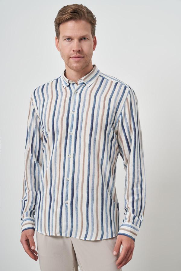  Erkek İndigo Keten Çizgili Desen Düğmeli Yaka Slim Fit Gömlek - Image 1
