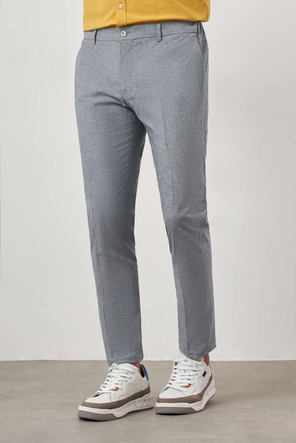  Erkek Lacivert Keten Desenli Yandan Lastikli Slim Fit Pantolon - Image 1