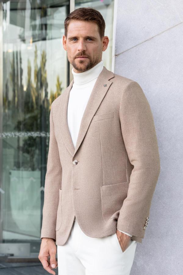  Erkek Bej Dokuma Slim Fit Mono Yaka Ceket - Image 1