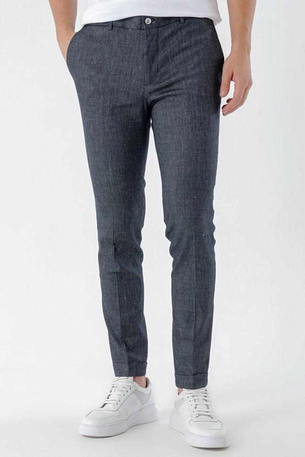 Erkek Lacivert Poliviskon-Keten Desenli Yandan Lastikli Slim Fit Pantolon - Image 1