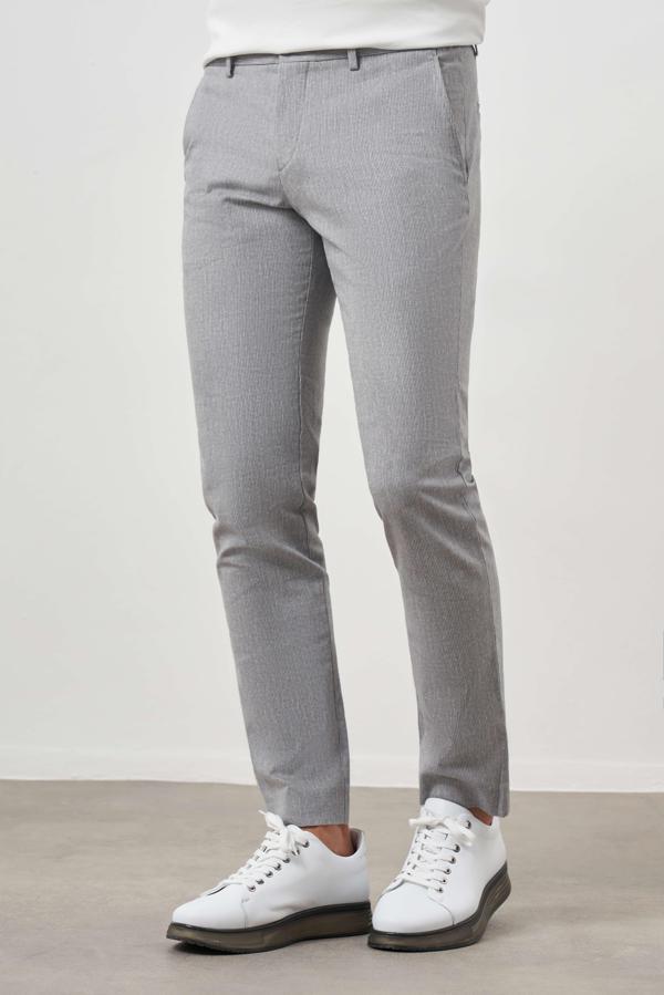  Erkek Gri Sawa Desenli Poliviskon-Keten Slim Fit Pantolon - Image 1