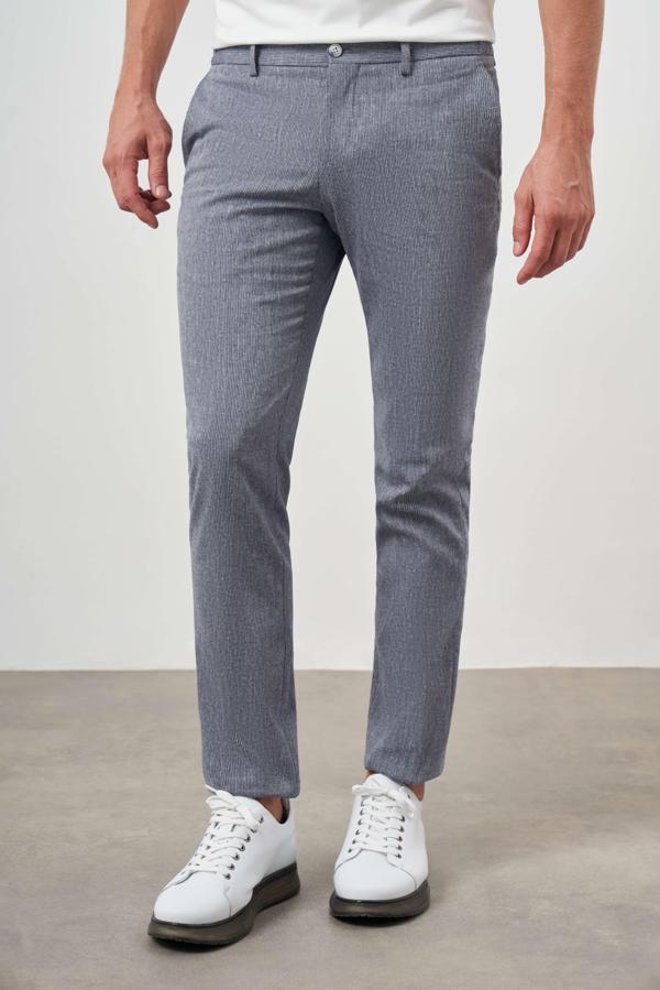  Erkek Lacivert Sawa Desenli Poliviskon-Keten Slim Fit Pantolon - Image 1