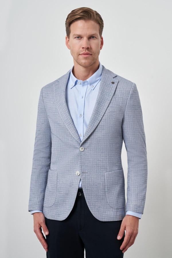  Erkek İndigo Örme Slim Fit Mono Yaka Ceket - Image 1