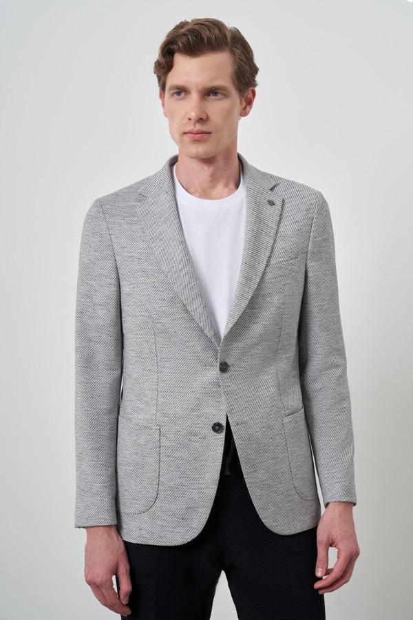  Erkek Gri Keten Dokuma Desenli Slim Fit Mono Yaka Ceket - Image 1