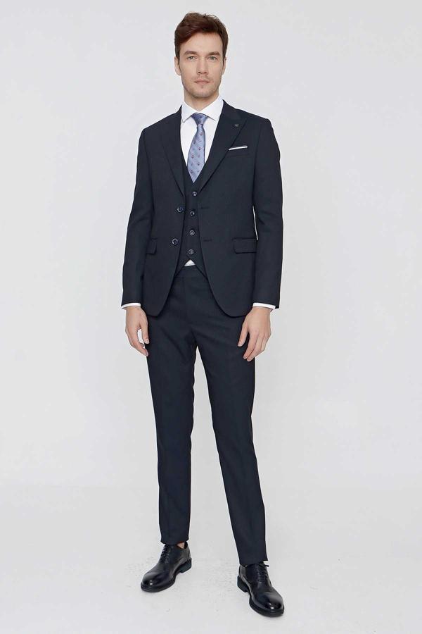  Erkek Lacivert Santos Jakarlı Yelekli Slim Fit Dar Kesim Takım Elbise - Image 1