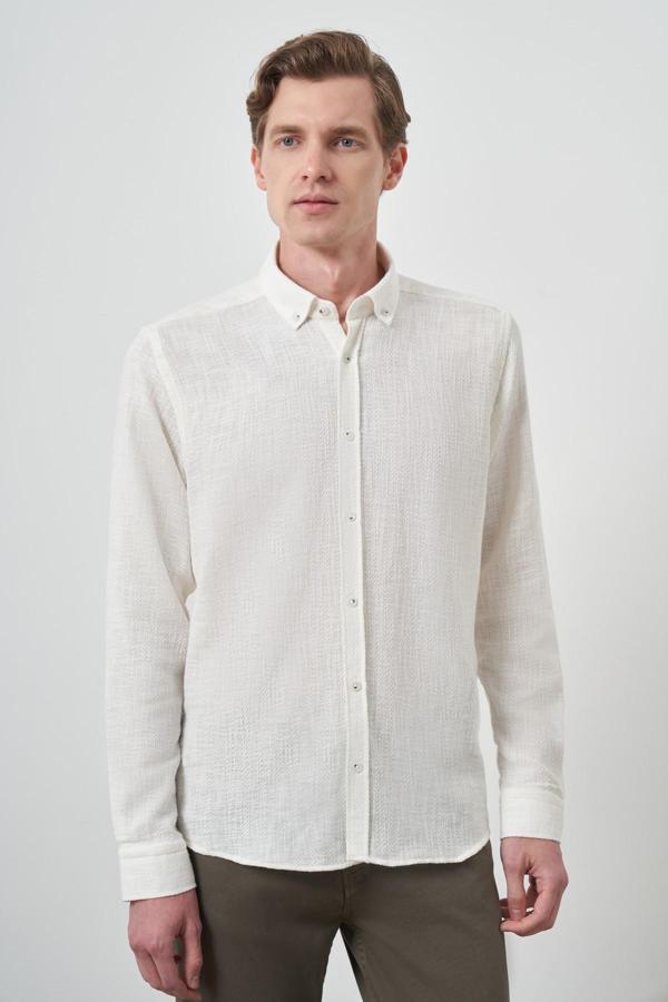  Erkek Beyaz Trend Keten Slim Fit Düğmeli Yaka Gömlek - Image 1