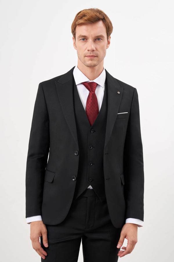  Erkek Siyah Poliviskon Basic Yelekli Jakar Desen Slim Fit Sivri Yaka Takım Elbise - Image 1