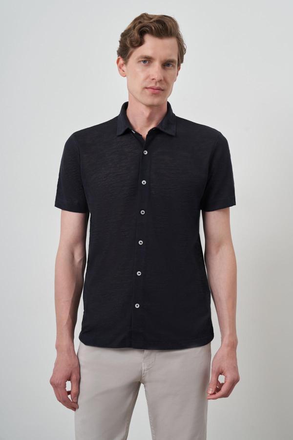  Erkek Lacivert Trend Apaçi Yaka Kısa Kollu Gömlek - Image 1