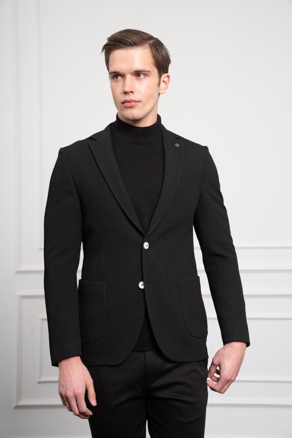  Erkek Siyah Poliviskon Dokuma Desenli Slim Fit Dar Kesim Mono Yaka Ceket - Image 1