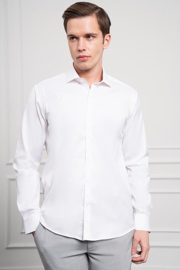  Erkek Beyaz Pamuk Trend Slim Fit İtalyan Yaka Gömlek - Image 1
