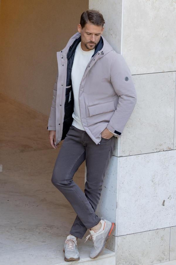  Erkek Gri Polyester Çıtçıtlı Kapüşonlu Mont - Image 1