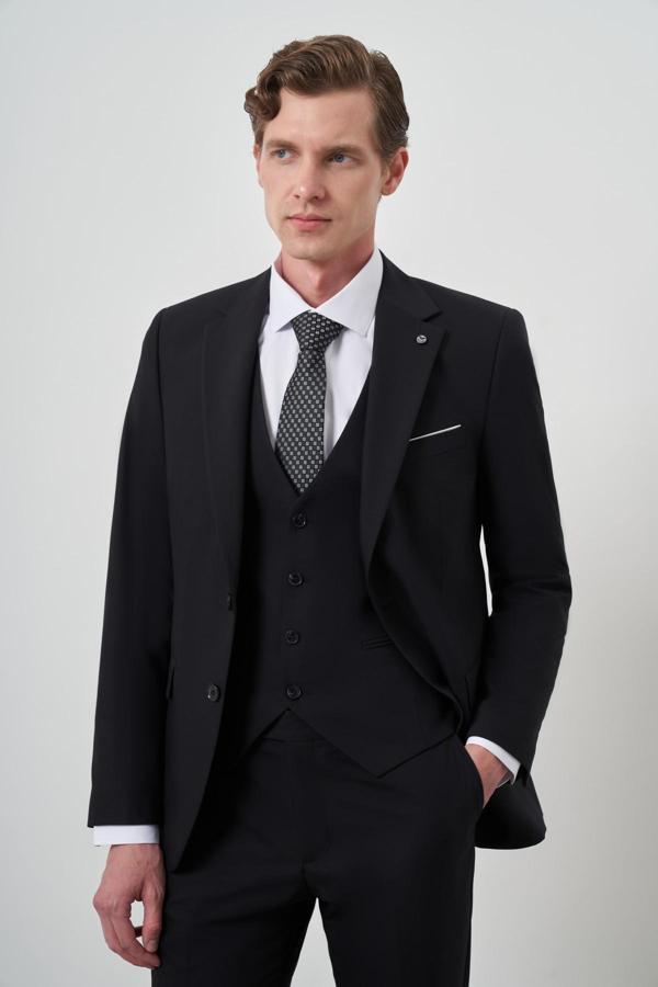 Erkek Siyah Poliviskon Basic Yelekli Slim Fit Mono Yaka Takım Elbise - Image 1