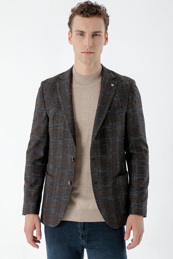  Erkek KAHVE Yün Slim Fit Torba Cep Mono Yaka Spor Ceket - Image 1
