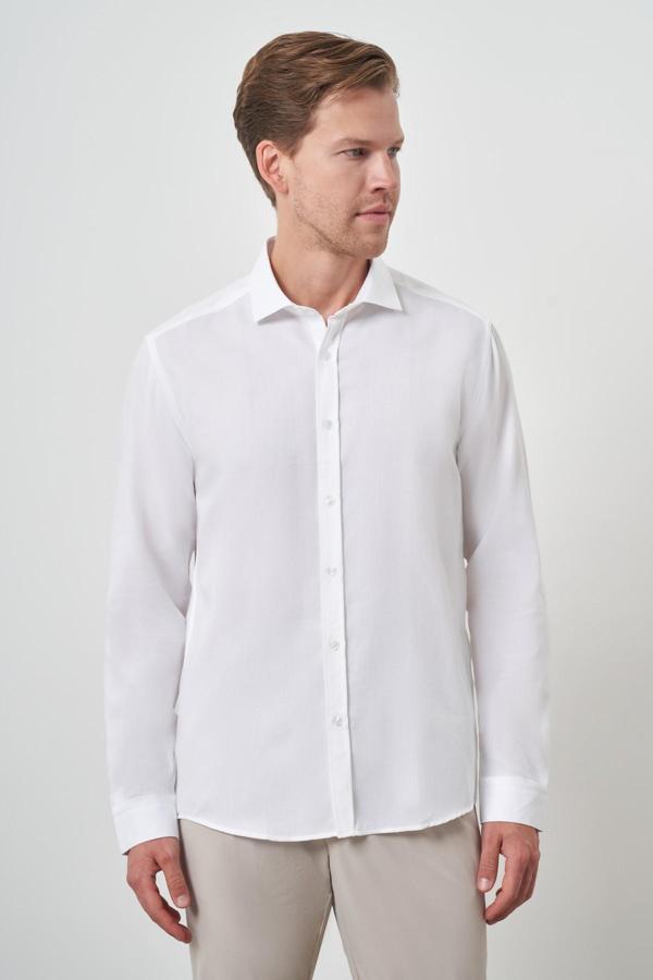 Erkek Beyaz Pamuk Trend Slim Fit İtalyan Yaka Gömlek - Image 1