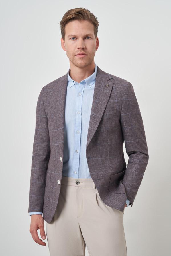  Erkek KAHVE Keten Ekoseli Slim Fit Mono Yaka Ceket - Image 1