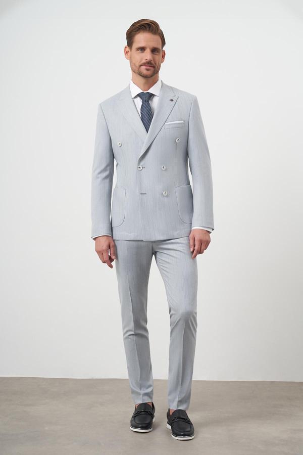  Erkek Mavi Poliviskon Trend Kruvaze Slim Fit Sivri Yaka Takım Elbise - Image 1