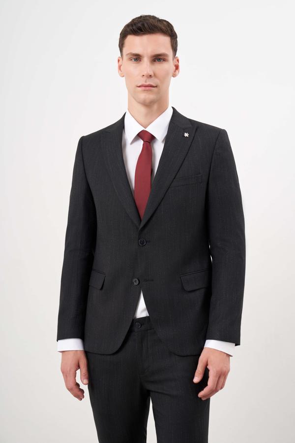 Erkek Siyah Poliviskon Trend Desenli Slim Fit  Sivri Yaka Takım Elbise - Image 1