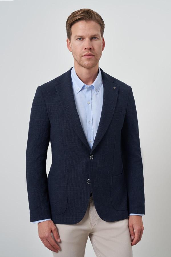  Erkek Lacivert Dokuma Slim Fit Mono Yaka Ceket - Image 1