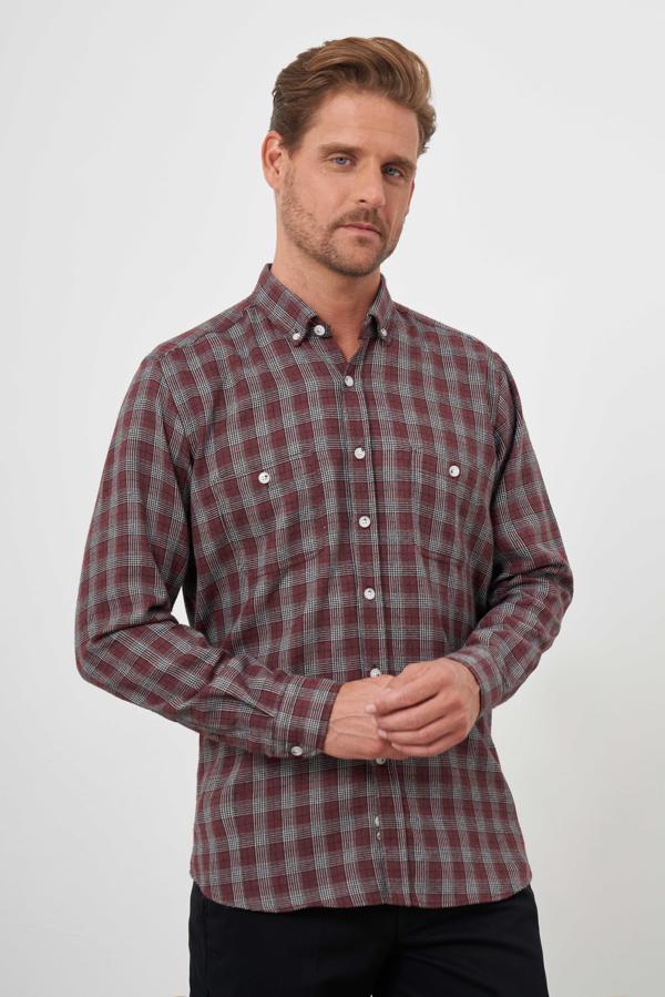  Erkek Bordo Trend Oduncu Ekoseli Düğmeli Yaka Regular Fit Gömlek - Image 1