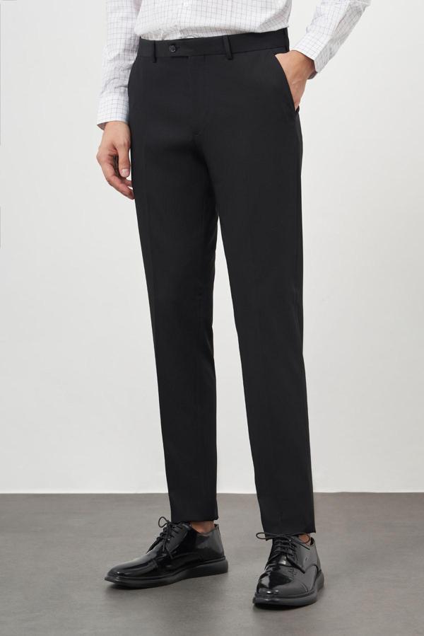  Erkek Siyah Poliviskon Basic Düz Desen Slim Fit Classic Pantolon - Image 1