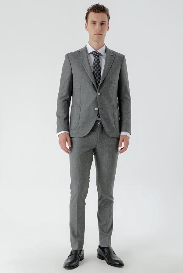  Erkek Gri Poliviskon Trend Desenli Slim Fit Mono Yaka Takım Elbise - Image 1