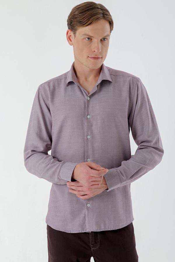  Erkek Bordo Trend Baskılı Desenli İtalyan Yaka Slim Fit Gömlek - Image 1