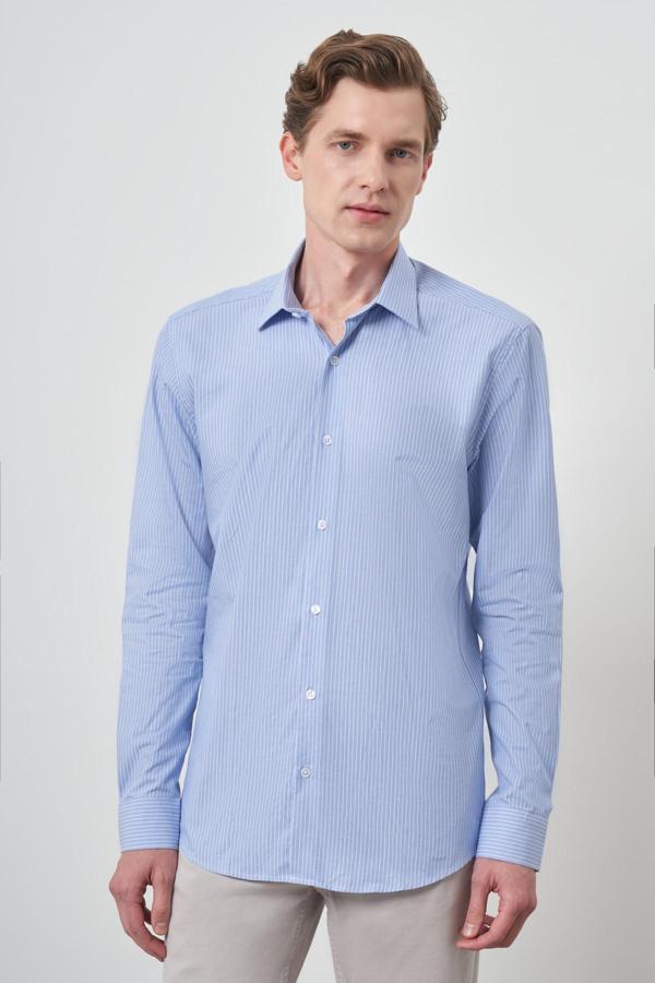  Erkek A. MAVİ Pamuk Trend Slim Fit Sert Yaka Gömlek - Image 1